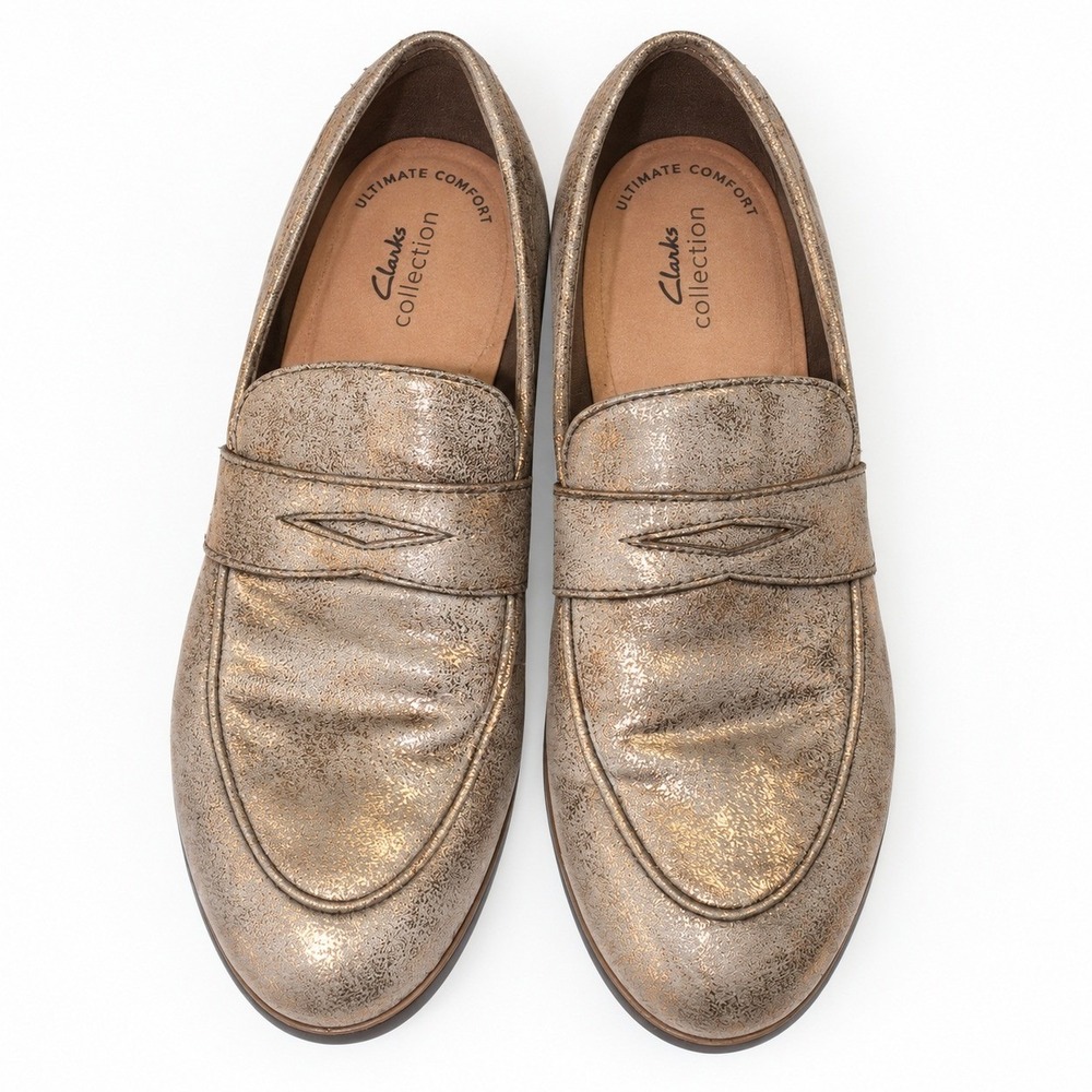 Clarks Collection Women 7.5 M Metallic Gold Penny Loafers Ultimate Comfort Flats